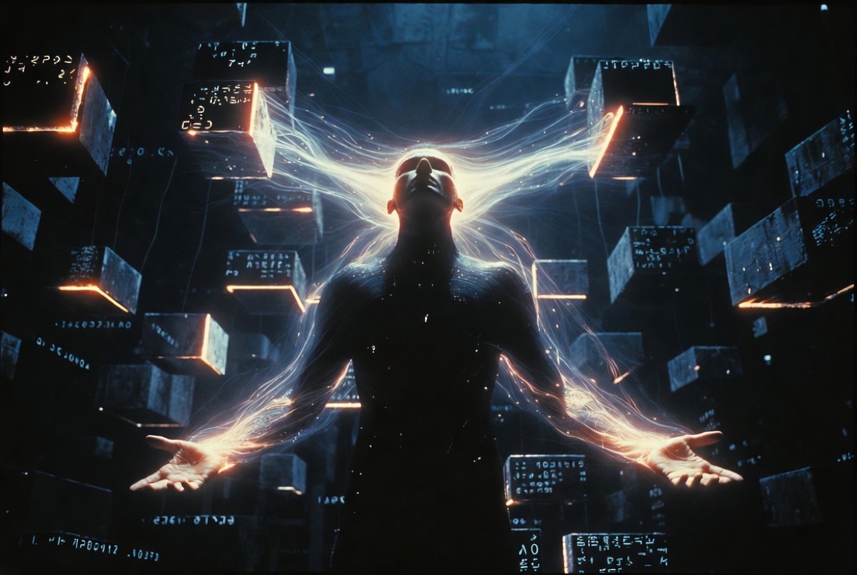An abstract visualization of knowledge transfer - glowing neural pathways connecting to a digital marketplace